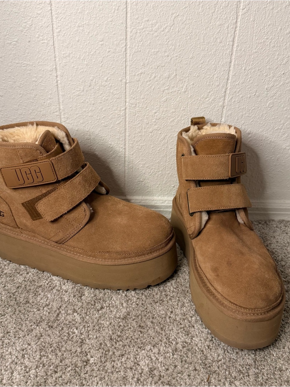 UGG Chestnut Suede Platform Ankle Boots with Shearling